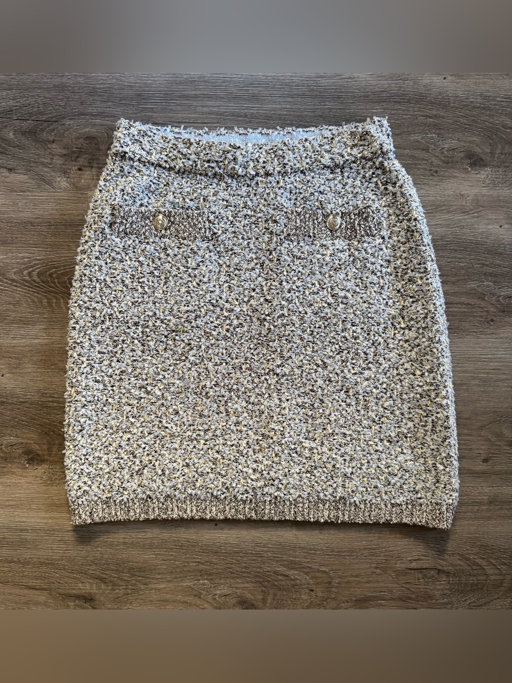 WHBM NWT Tweed Mini Skirt XS Chambray Blue Metallic Gold Brown Silver Buttons